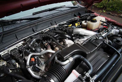 Hiden underneath a mass of plumbing and wiring is the second-generation Power Stroke making a whopping 440hp and 860 lbs/ft torque. It has a bigger turbo and injectors than the previous model, along with a lot of other refinements.