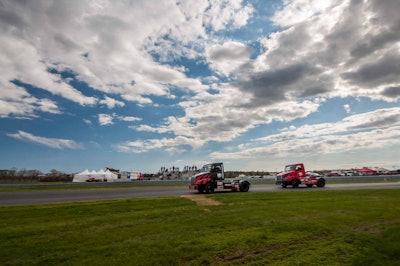 Racing under blue skies.