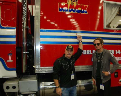Rick Mariani (left) and Lathan Mckay with Evel Knievel's 1974 Mack hauler 'Big Red'