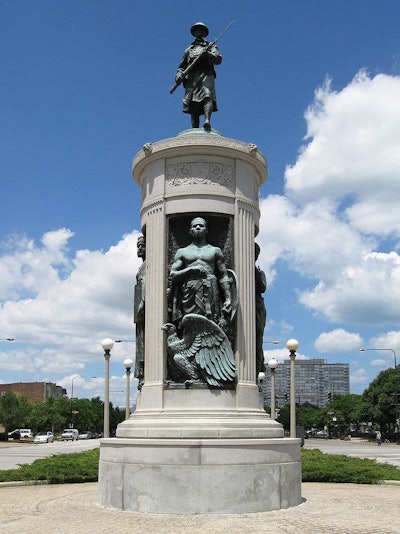 The Victory Monument was built to honor the Eighth Regiment of the Illinois National Guard, an African-American unit that served in France during World War I. It is located in the Black Metropolis-Bronzeville District in Chicago.
