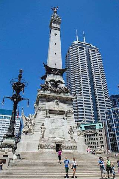 The Indiana State Soldiers and Sailors Monument is located in the center of downtown Indianapolis.