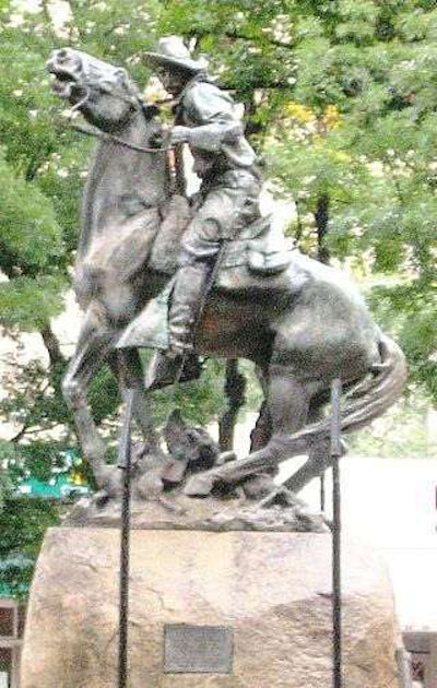 The Bucky O'Neill Monument, also known as the Rough Rider Monument, is located at Courthouse Plaza, Prescott, Ariz.