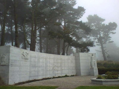 The West Coast Memorial to the Missing of World War II is located on high ground overlooking Baker Beach along the Pacific Ocean, along the western edge of the Presidio of San Francisco.