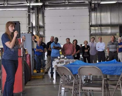 Helen Van Dam, director of the Freedom Drivers Project, talks to a crowd of Boyd Brothers employee about the role the trucking industry plays in addressing human trafficking.