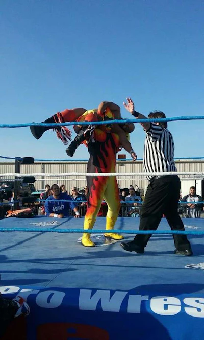 Darryl Nowell as Pyro the Human Incinerator during a match. (Image Courtesy of Darryl Nowell)