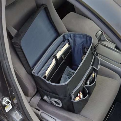 $69.95. Essentially a mobile office with a flat hard surface for writing. Padded sleeve for a laptop or tablet. 15' W x 10' D x 11 1/2' H