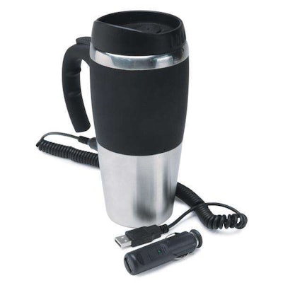 RoadPro 12-Volt/USB powered 16oz. heated travel mug plugs into your USB port or cigarette lighter socket.