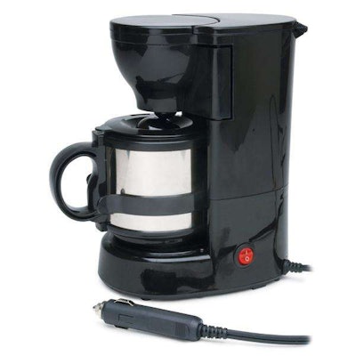 RoadPro 12-volt coffee maker with 16 oz. metal carafe brews 16 ounces of coffee In under 15 minutes directly Into the stainless steel travel mug.