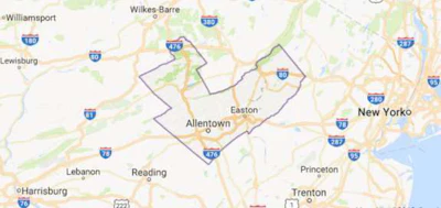 The Lehigh Valley is west of New York and north of Philadelphia
