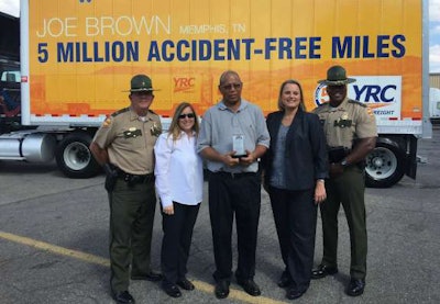 YRC honored Joe Brown (center). Joining him (from left) were Lt. Cary Hopkin-THP, Donna Tomlinson-TTA, Stephanie Mann-FMSCA and Lt. Greg Ogie