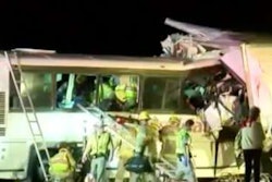 California bus/truck accident. (KCAL video screen shot)
