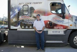 Transport America recognizes one of their drivers and military veteran Robert Harp, on Veteran’s Day with a custom military truck wrap. Robert was in the Army Airborne having two years of active duty and 25 years in the reserves. Robert has been a driver with Transport America since 1998. (Transport America photo)