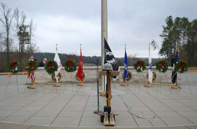 The stage setup for Wreaths Across America at Alabama National Cemetery.