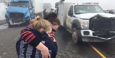 Accident victims on the scene of the massive California pileup Tuesday. (Fresno Bee)