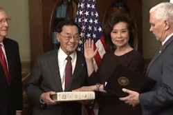 Secretary of Transportation Elaine Chao sworn in by Vice President Mike Pence (right) with her husband Sen. Mitch McConnell (left) and Chao’s father James S.C. Chao