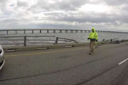 Section of the Chesapeake bay Bridge Tunnel where a tractor-trailer was blown off by high winds Thursday.