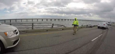 Section of the Chesapeake bay Bridge Tunnel where a tractor-trailer was blown off by high winds Thursday.