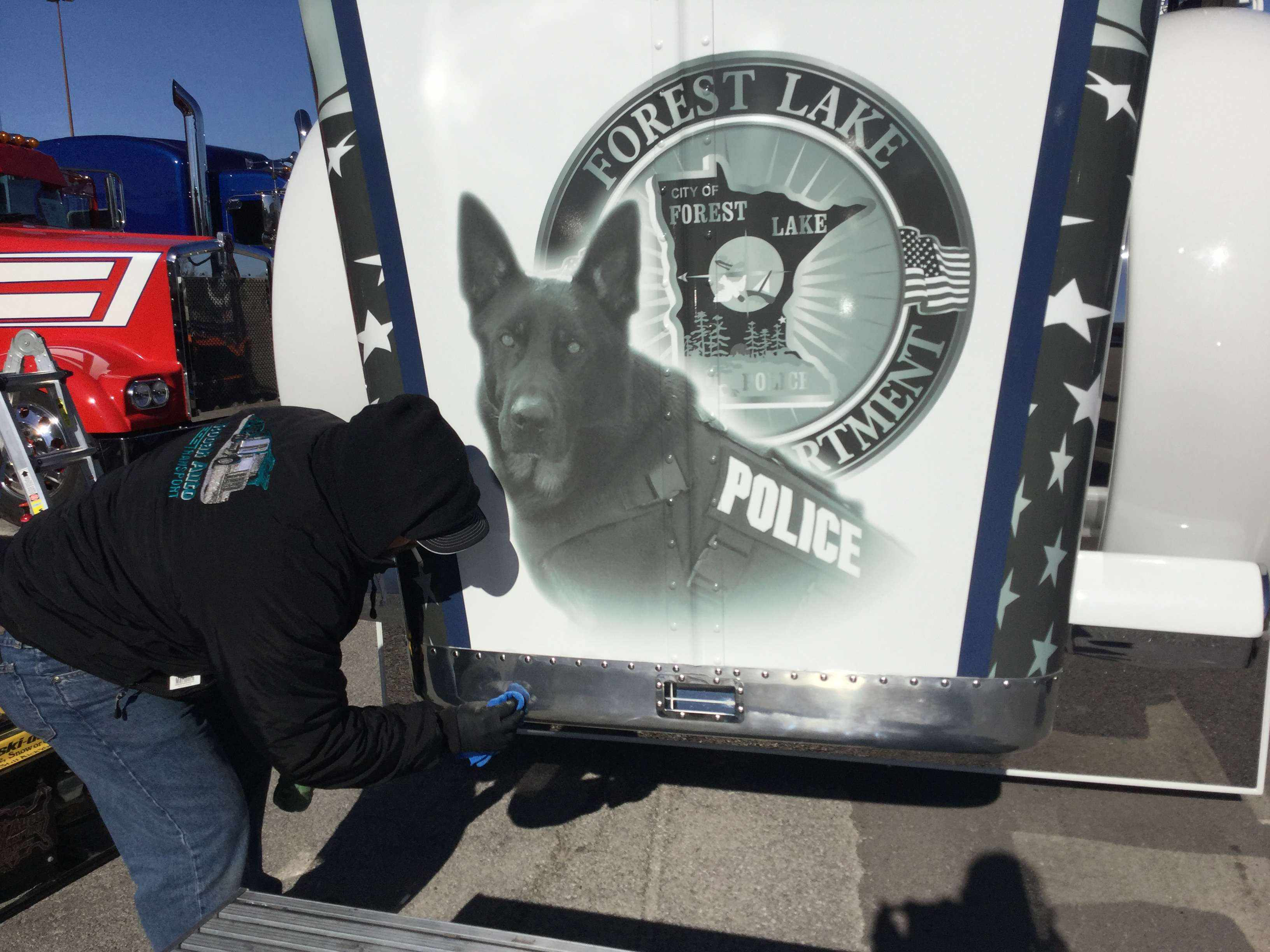 The hood of Jake and Stephanie Robak's truck honors fallen K9 officer Ranger.