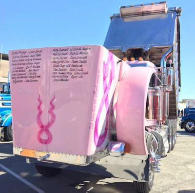 This custom dump truck honors breast cancer victims and survivors.
