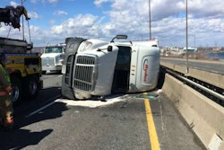 This truck was blown over on the Burlington skyway by high winds Wednesday. (Twitter photo by OPP Sgt. Kerry Schmidt)