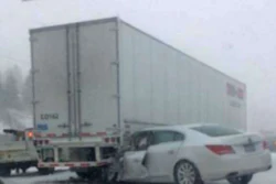 One of several trucks involved in Thursday’s crashes on the New York State Thruway