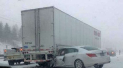 One of several trucks involved in Thursday’s crashes on the New York State Thruway