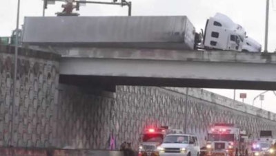 A truck hung over I-95 in Florida after a crash Wednesday