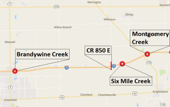 Map showing Brandywine Creek, CR 850 E, Six Mile Creek, and Montgomery Creek