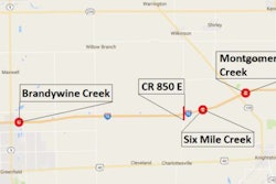 Map showing Brandywine Creek, CR 850 E, Six Mile Creek, and Montgomery Creek