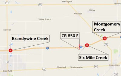 Map showing Brandywine Creek, CR 850 E, Six Mile Creek, and Montgomery Creek
