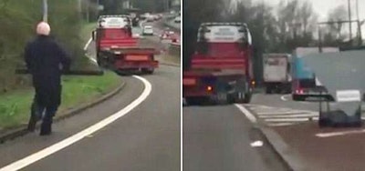Man chases his truck rolling onto a highway in England