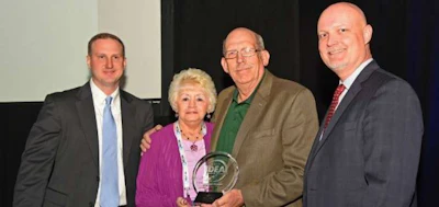Left to right: Brad Allen, assistant vice president for AIG Truck Group; Kay Endorf, Charles’ wife; 2017 International Driver Excellence Award Winner Charles Endorf; and CVSA Executive Director Collin Mooney at the awards presentation. (Image Courtesy of CVSA)