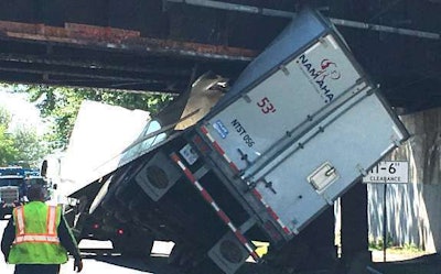 This truck struck a CSX bridge in Tonawanda, New York Tuesday (Tonawanda Police)