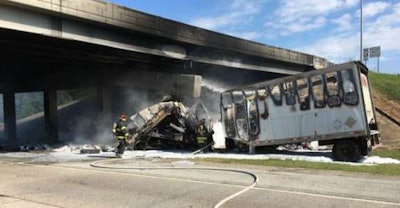 The driver of this truck died Tuesday morning when it crashed on I-555 in Arkansas. (Jonesboro Police photo)