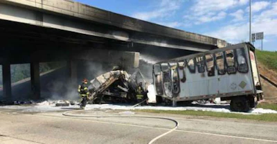 The driver of this truck died Tuesday morning when it crashed on I-555 in Arkansas. (Jonesboro Police photo)