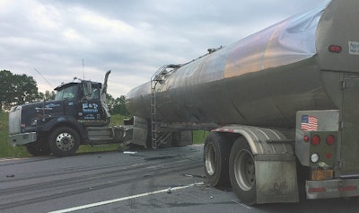 A milk tanker jackknifed along Interstate 81 north near Sandy Creek on July 5. (NY State Police photo)