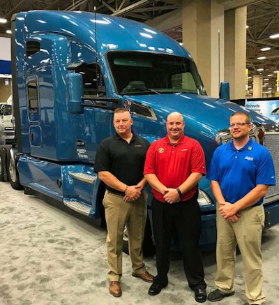 The truckers were named finalists in the “Transition Trucking: Driving for Excellence” program, which recognizes the top rookie military veteran truckers. The finalists, from left, are: Gregg Softy (Army), Stevens Transport; Wayne Roy (Marine Corps), U.S. Xpress; and Daniel Shonebarger (Navy), Melton Truck Lines.