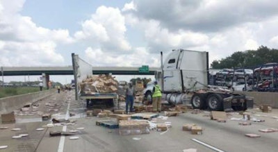 Frozen pizzas were strew across I-30 Wednesday after a tractor/trailer struck an overpass. (Arkansas DOY photos)