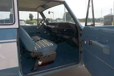 An interior view of a blue 1980 International Scout.