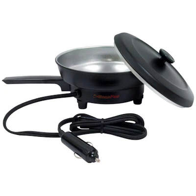 RoadPro's 12-Volt Portable Frying Pan is a cab kitchen essential for cooking burgers, bacon, eggs and other main courses. Plugs directly into 12-Volt power port with a fused plug with 4' power cord. 12 ounce serving size. Available at travel centers. About $27.