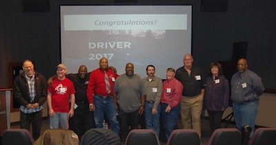C.R. England honored the pictured drivers as its Drivers of the Year. From right to left: Cedric Price, Julia Rood, Charles Davis, Shanna Price, Kenneth Boeck, Anthony Goodman, Kenneth Goard, Roosevelt Jones, Eric Shaw, Russell Pritchard. Not pictured: Catherine Querio. (Image Courtesy of C.R. England)