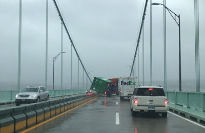 Truck blown over on Pell Bridge in Rhode Island