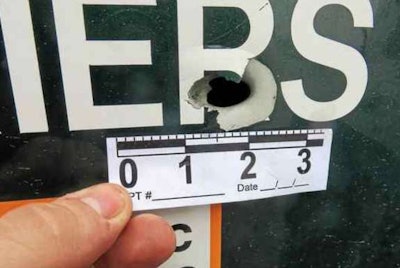 A picture of the bullet hole left in the cab of a truck after the road-rage incident. (Photo by the Wickliffe Police Department)