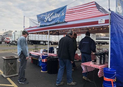 Truckers get free coffee and hot chocolate from Katie's Hot Chocolate Stand in the MATS truck parking lot.