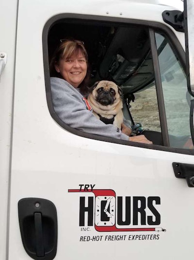 Sonja Springman and her pug in her Try Hours company truck. (Image Courtesy of Sonja Springman)