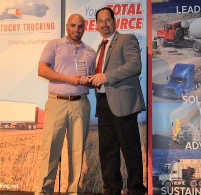 UPS driver Jessee Benkert, left, won first place for having the highest pre-trip score. (Image Courtesy of Kentucky Trucking Association)