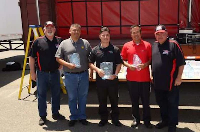 3-Axle class winners, left to right: CTA First Vice President Joe Giammona, second place Nazario Chavarria, UPS; first place Alfonso Saavedra, XPO Logistics; third place Daniel Nguyen, XPO Logistics; and State Finals Chair Rodney Farley. (Image Courtesy of California Trucking Association)