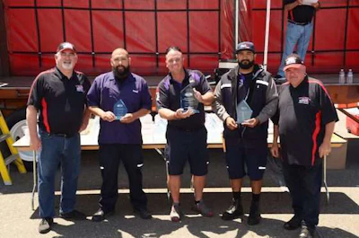 4-Axle class winners, left to right: CTA First Vice President Joe Giammona, third Pplace David Marquez, FedEx Freight; first Pplace Hobie Eirich, FedEx Freight; second place Juan Diaz, FedEx Freight; and State Finals Chair Rodney Farley. (Image Courtesy of California Trucking Association)