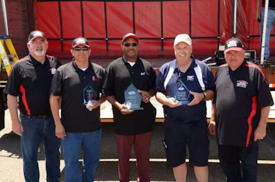 Flatbed class winners, left to right: CTA First Vice President Joe Giammona, third place Sebastian Mora, Williams Tank Lines; first place Johnny Pearson, Golden State Foods; third place Mark Livingston, YRC Freight; and State Finals Chair Rodney Farley. (Image Courtesy of California Trucking Association)