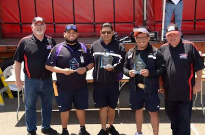 Package Van class winners, left to right: CTA First Vice President Joe Giammona, third place David Arreguin, FedEx Ground; first place Oscar Enciso FedEx Ground; second place William Escobar, FedEx Ground; and State Finals Chair Rodney Farley. (Image Courtesy of California Trucking Association)